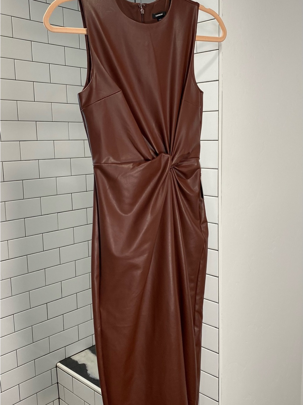 Express Brown Faux-Leather Twist Midi Dress